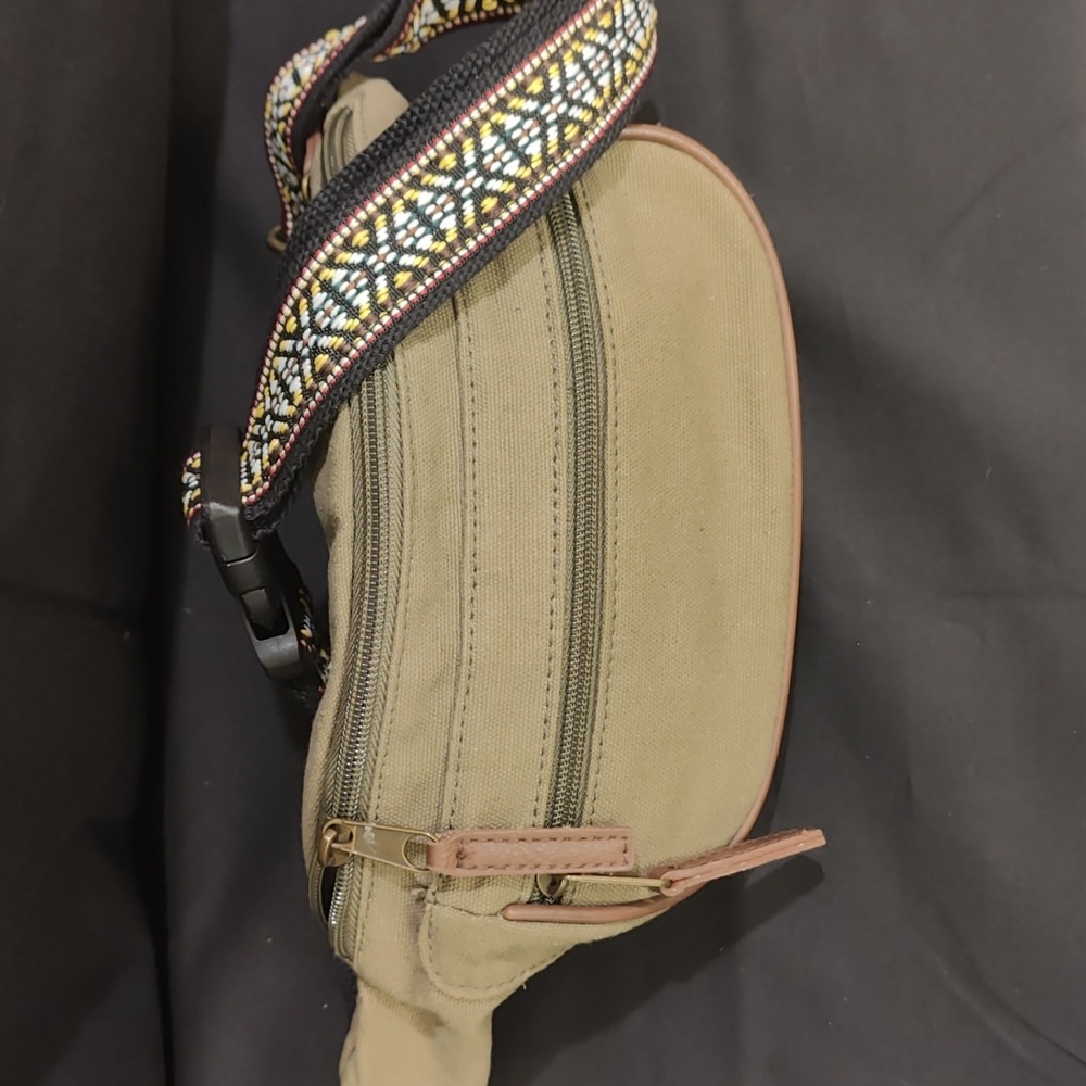 Military green waist/shoulder bag w/boho print strap & 3 zipper pockets